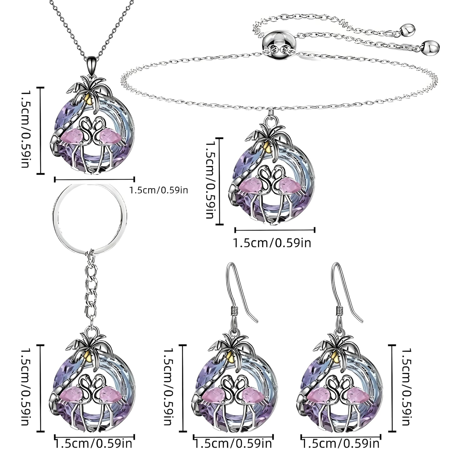 Tropical Flamingo Jewelry Set with Necklace, Bracelet, Earrings and Keychain, Pink and Purple Crystal Beach Design, Silver