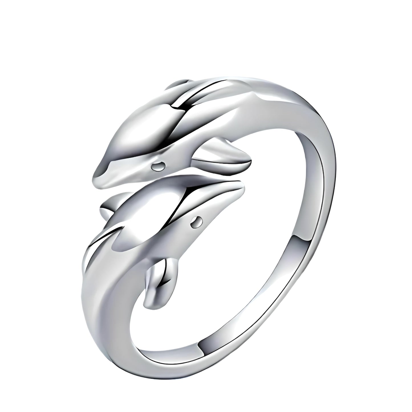 Stainless Steel Double Dolphin Ring, Adjustable Size, 0.7 inch Inner Length - Ocean Gift
