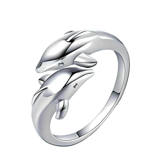 Stainless Steel Double Dolphin Ring, Adjustable Size, 0.7 inch Inner Length - Ocean Gift