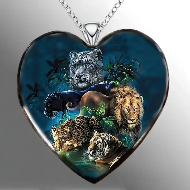 SUPAC Heart-Shaped Jungle Animals Pendant Necklace, Multicolor Glass Necklace including: Lion, Tiger, Leopard, Panther and Cheeta - Christmas, Holiday, or Birthday Gift