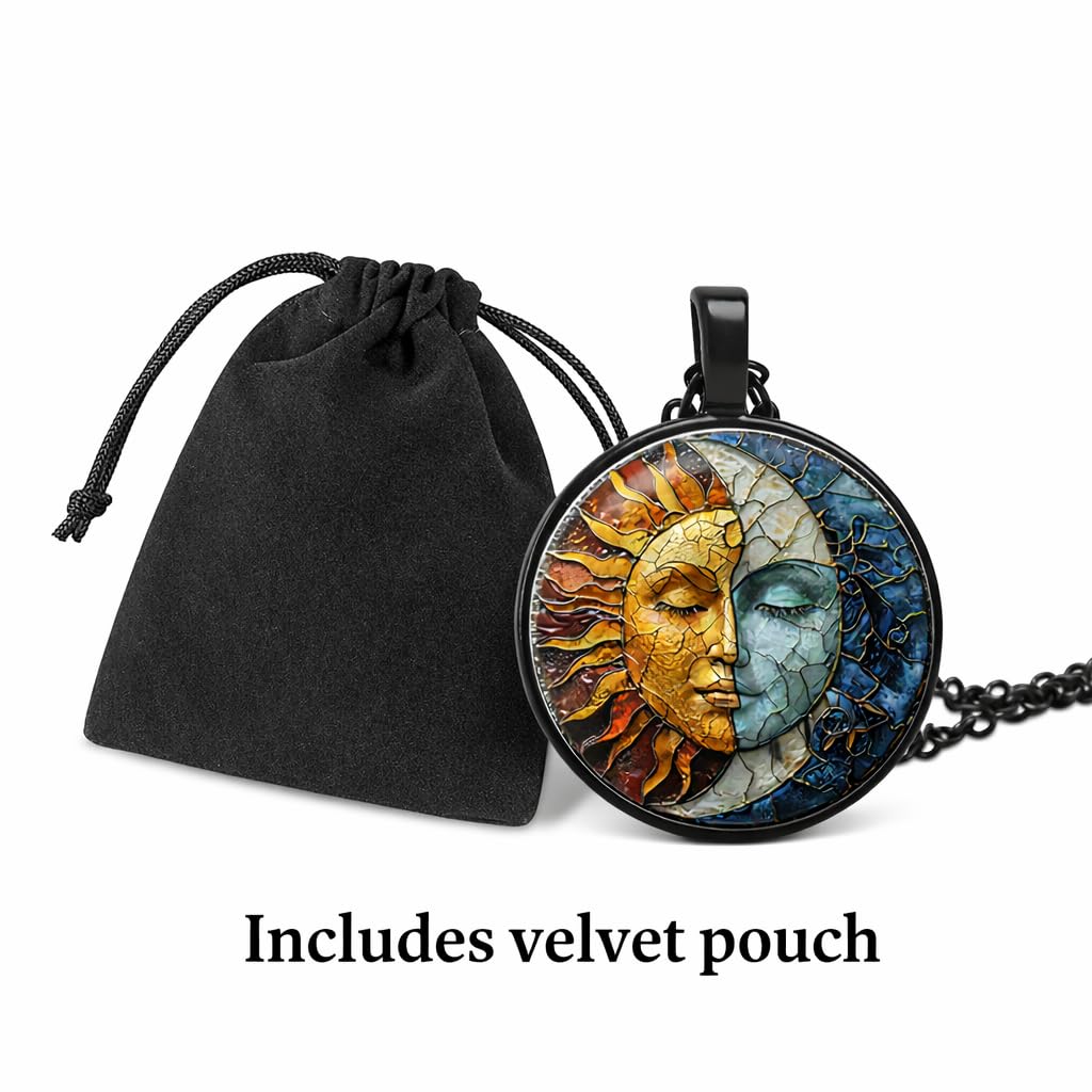 1pc Stunning Round Pendant Necklace - Unique Sun & Moon Pattern, Oil Painting Style Glass Mosaic, Alloy Construction, Trendy Sweater Chain, Fashionable Gift for Women - Christmas or Birthday Gift