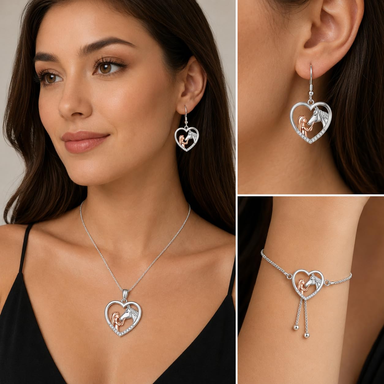 SUPAC Heart-Shaped Horse Jewelry Set, Silver and Rose Gold, Necklace and Earrings with Crystal Accents, 18+2 inch Chain