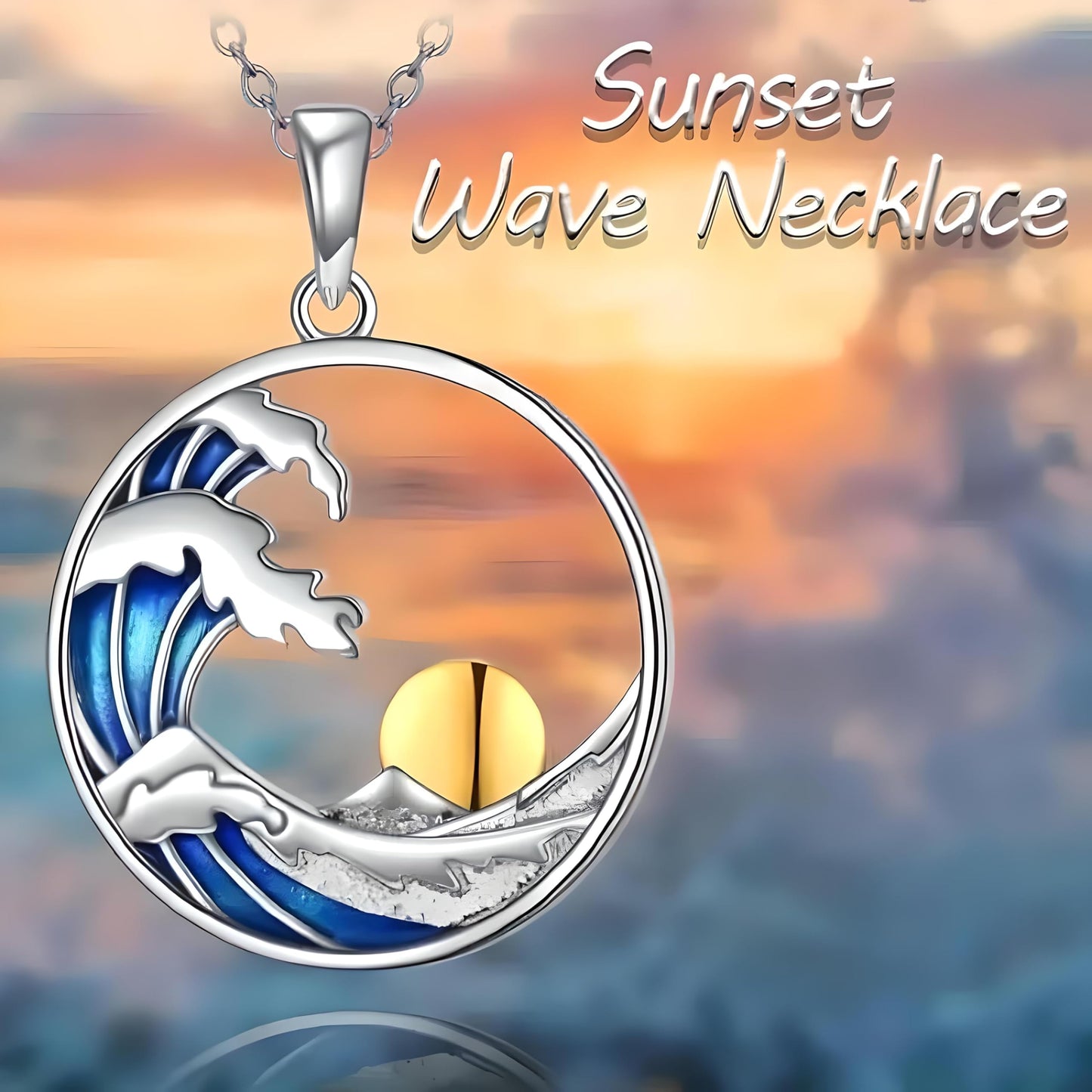 Ocean Wave Pendant Necklace, Sterling Silver Chain, Blue Enamel and Gold Sun Design - Beach Jewlery Gift