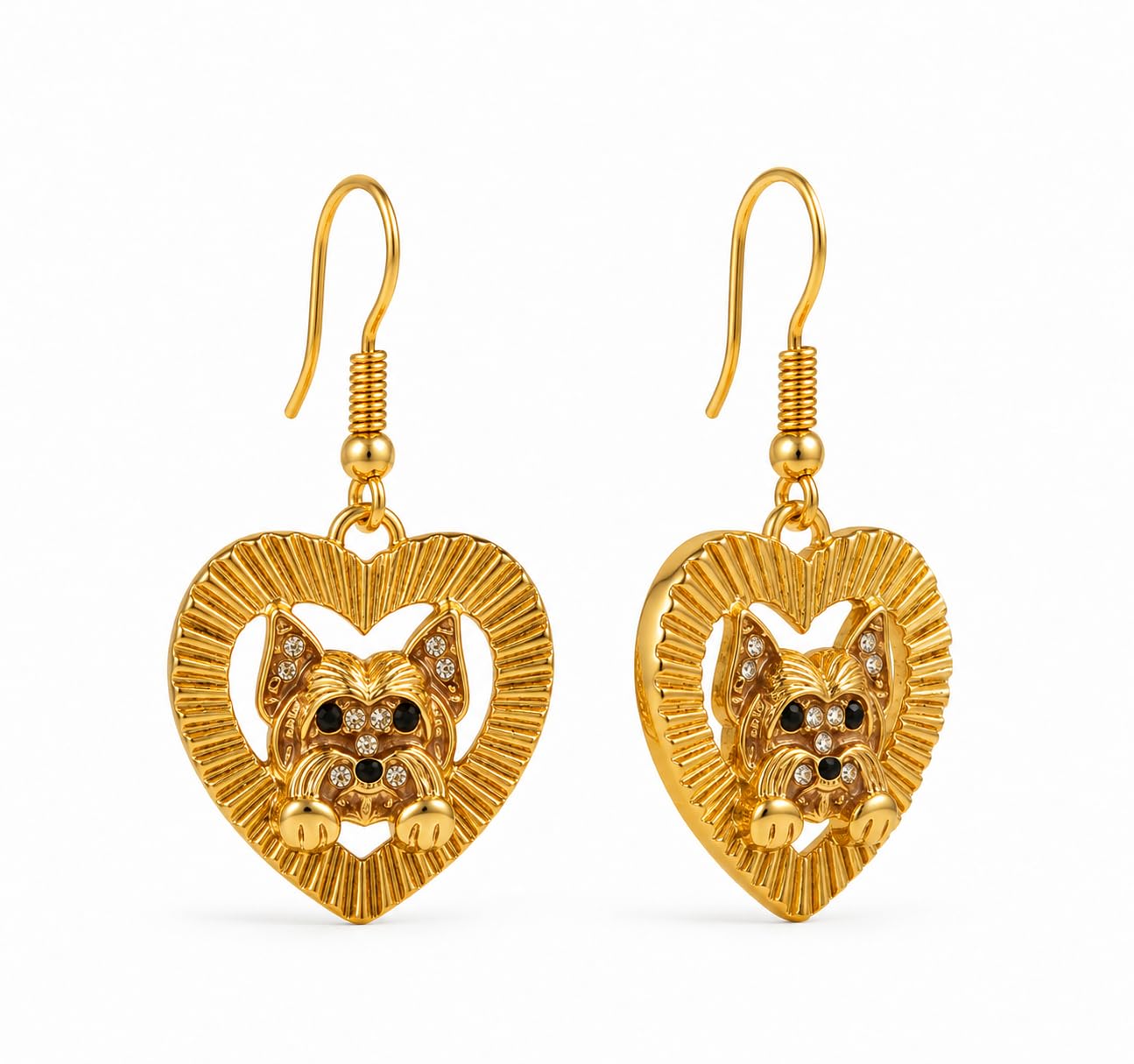 Yorkie Heart Drop Earrings, Gold, Stainless Steel, Crystal Accent, 0.94 x 0.94 in, Dog Lover Jewelry