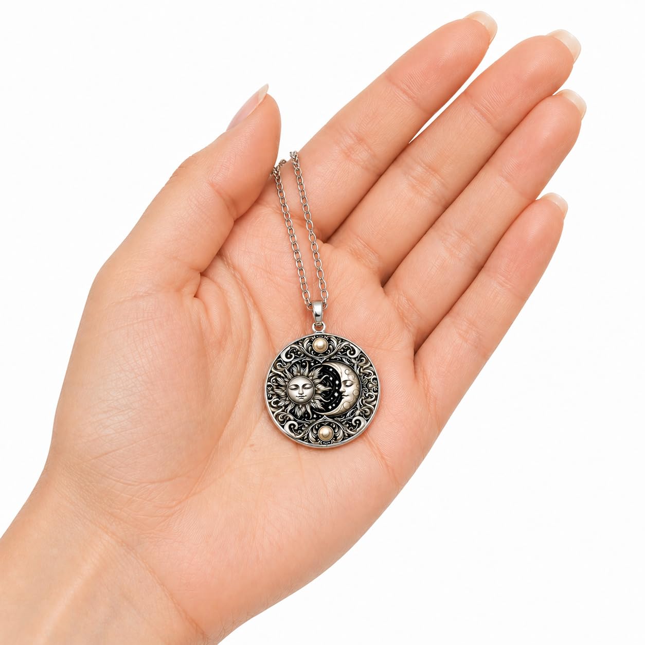 1pc Stunning Round Pendant Necklace - Unique Sun & Moon Pattern, Oil Painting Style Glass Mosaic, Alloy Construction, Trendy Sweater Chain, Fashionable Gift for Women - Christmas or Birthday Gift