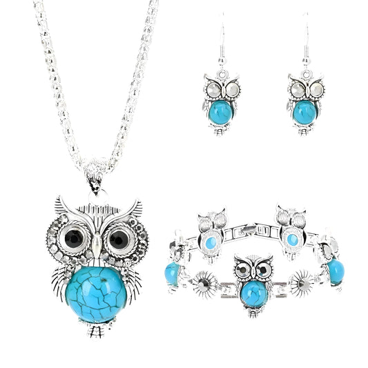 Vintage Owl Jewelry Set with Turquoise Stones, Silver-Tone Necklace, Bracelet and Earrings, 27.5 inch Chain