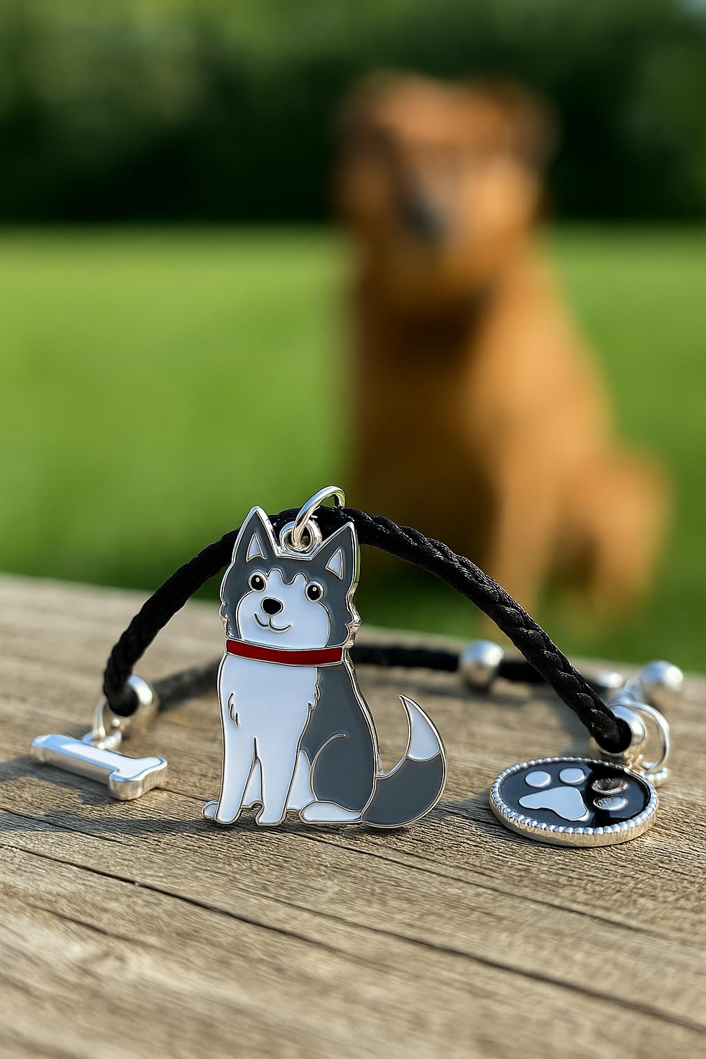 Pet Charm Bracelet with Dog Charms, Black Braided Band, I Love Dogs Design - Dog Lovers' Bracelet - Different Breeds of Dogs, Pet Lover Gift for Birthday and Holiday, Durable and Long-Lasting, Hypoallergenic and Nickel-Free, Everyday Wear (Siberian Husky)