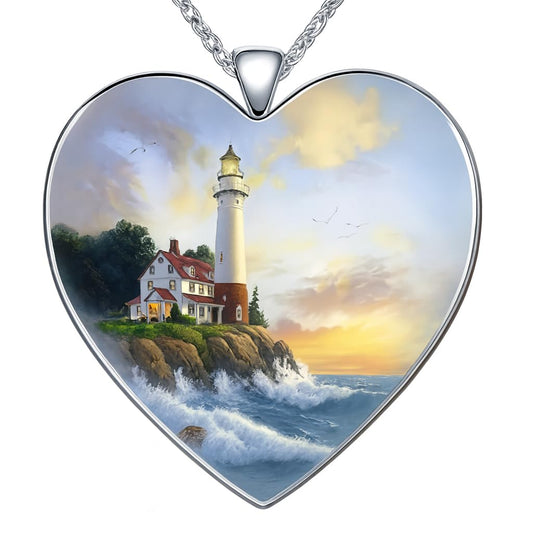SUPAC Vibrant Landscape Lighthouse Heart Pendant Necklace, Stainless Steel Chain - Christmas, Holiday, or Birthday Gift