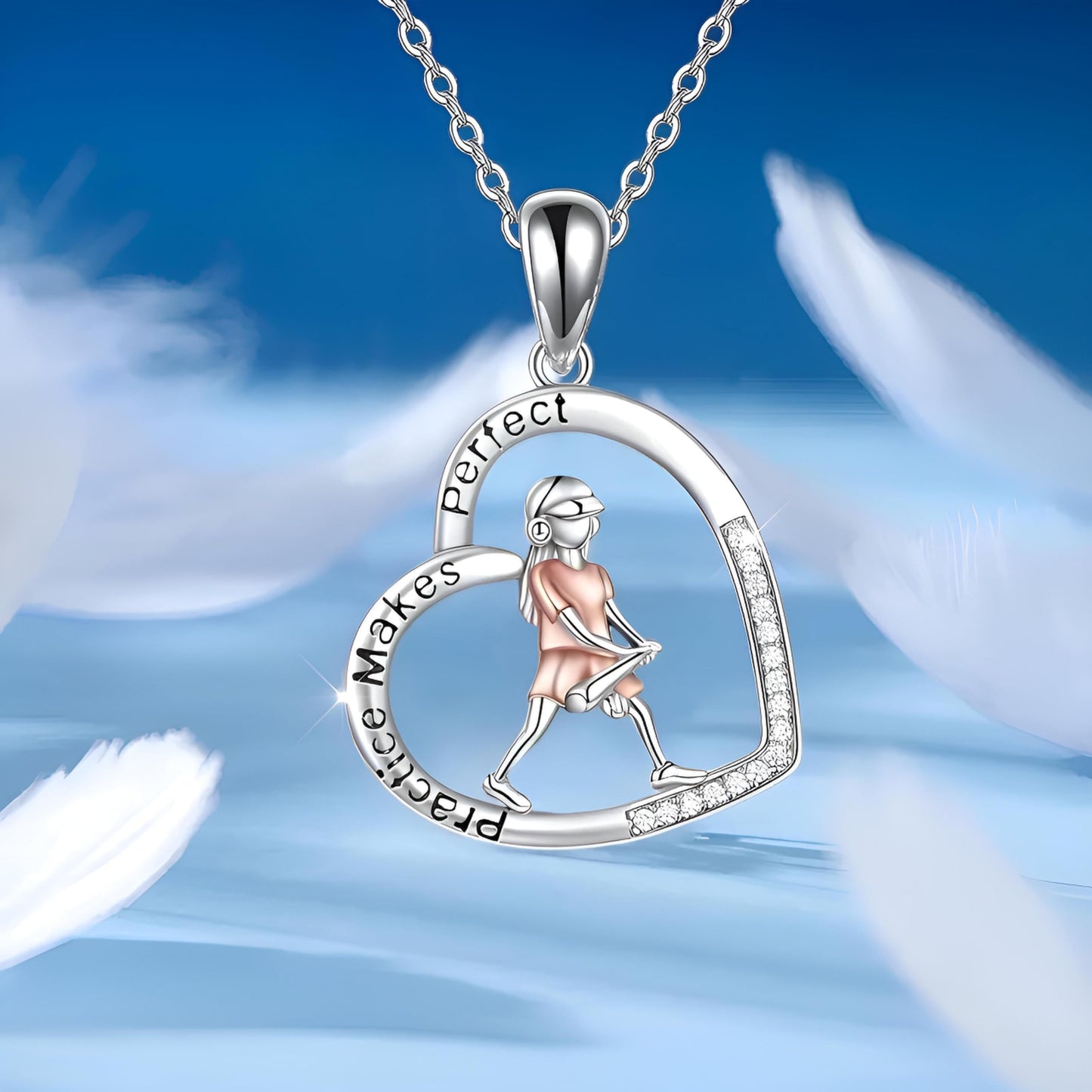 Sports Heart Necklace, 9 Different Sport Options: Basketball, Jumping Cheerleader, Gymnast, Softball, Volleyball, Ballet Ballerina, Runner, Sports Accessories Birthday Gift- Simulated Rainbow Diamonds, Christmas, Birthday or Party Gift