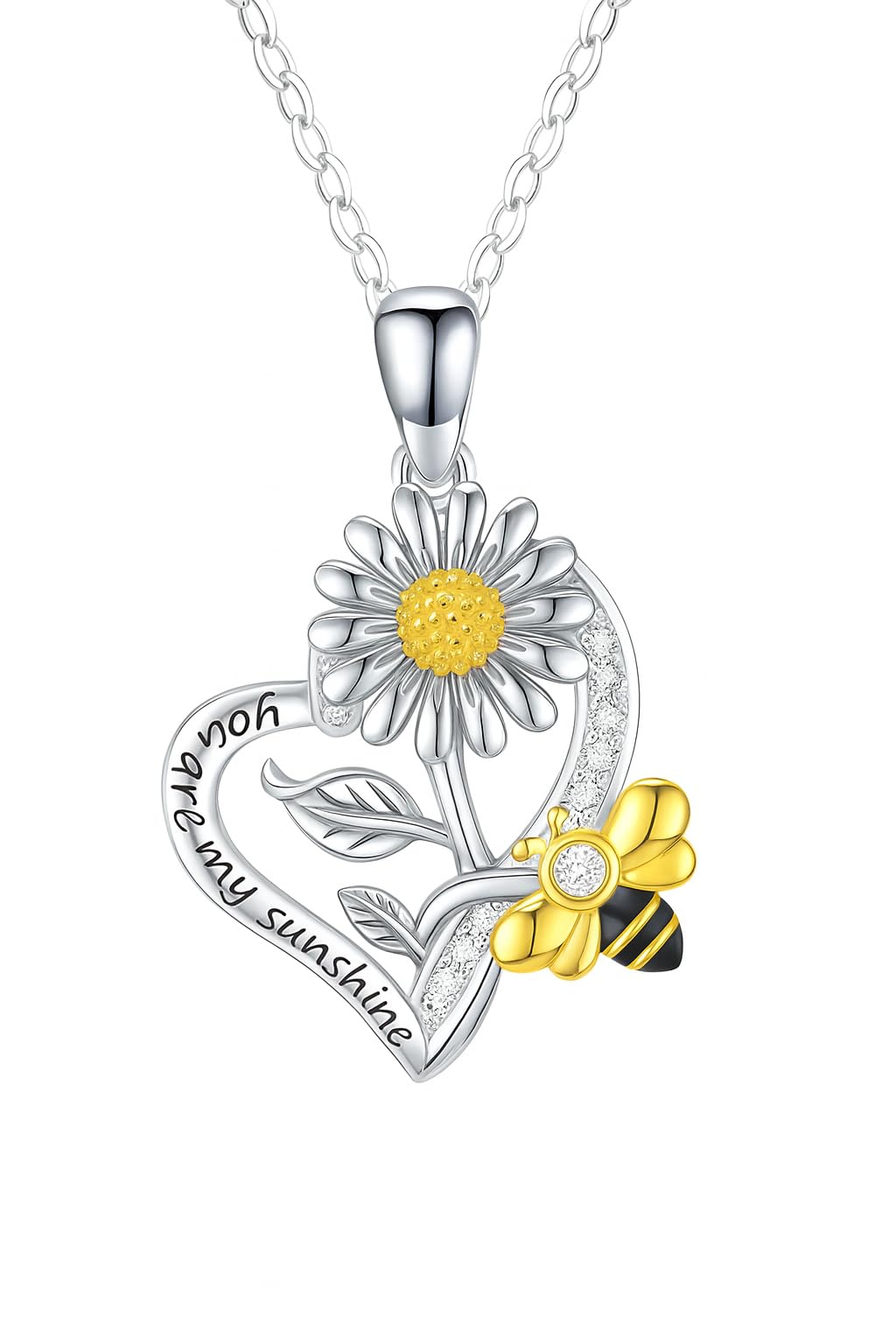 SUPAC You Are My Sunshine Sunflower and Bumble Bee Heart Pendant Necklace for Women, Dainty Jewelry, Birthday or Christmas Gift