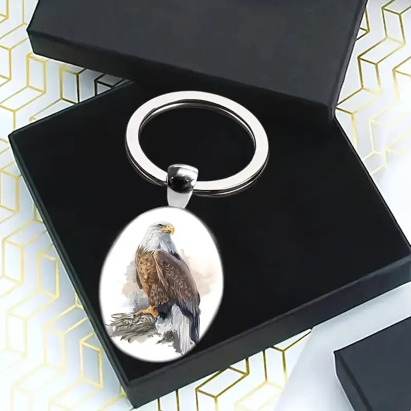 Mountain Sunset Stained Glass Art Keychain, Nature Scene Design, Round Pendant (Bald Eagle)