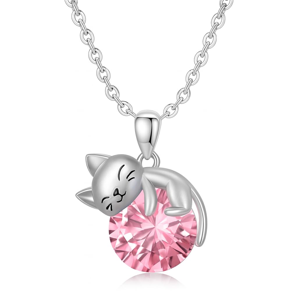 Crystal Cat Pendant Necklace, Silver Chain with Sleeping Cat Design, 17.7 inch Length