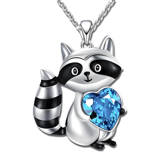 Smiling Raccoon Necklace, Holding a Blue Heart, Silver and Black - Racoon Jewerly Gift