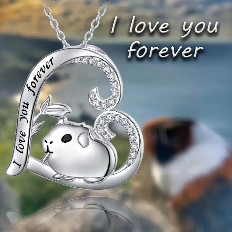 Love You Forever Guinea Pig Heart Necklace, Sterling Silver with Crystals - Christmas, Party, and Birthday Gift