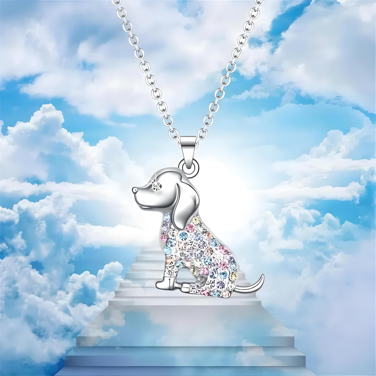 Sparkling Dog Pendant Necklace, Silver Chain, Multicolor Rhinestone Design - Birthday or Party Gift
