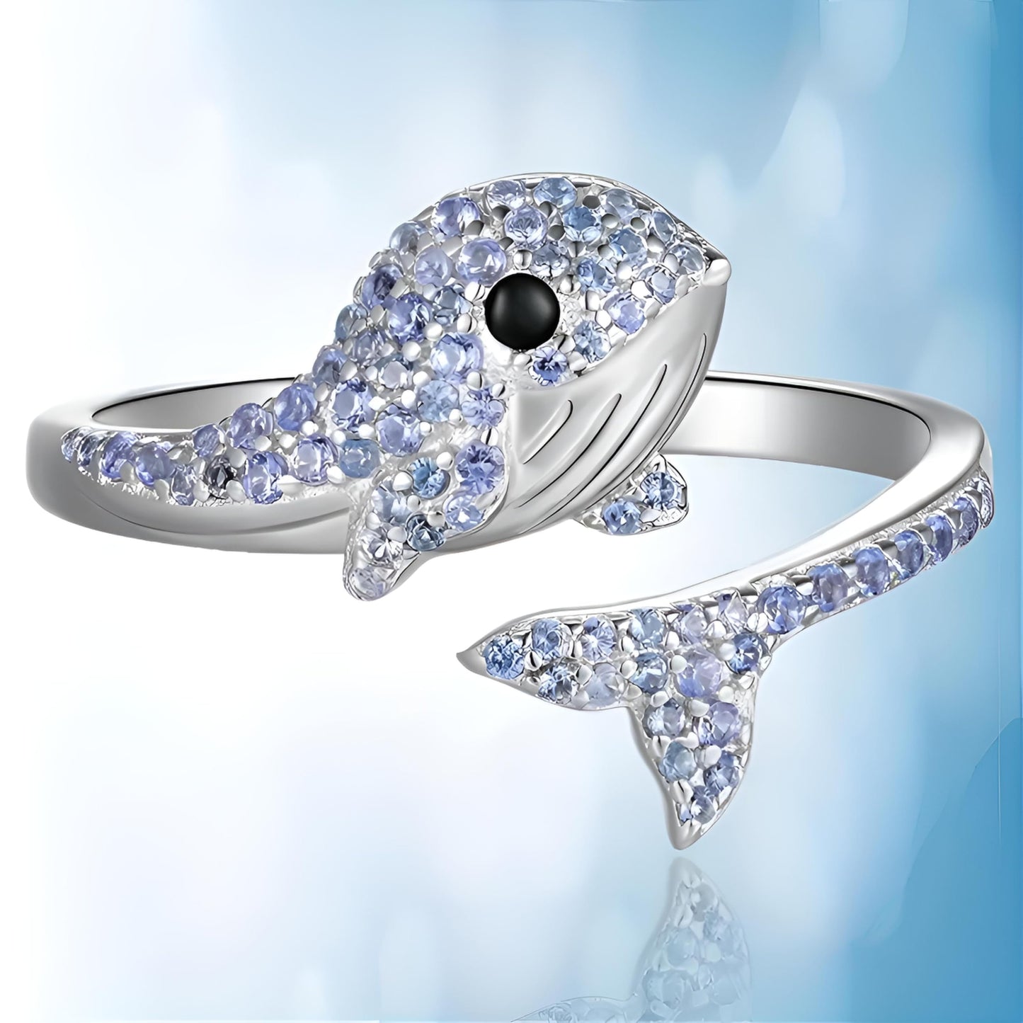 SUPAC Stainless Steel Whale Ring with Blue Crystal Stones, Open Adjustable Band, 1.5cm Size, Marine Animal Design
