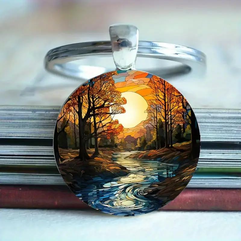 Mountain Sunset Stained Glass Art Keychain, Nature Scene Design, Round Pendant (Autumn Forest)