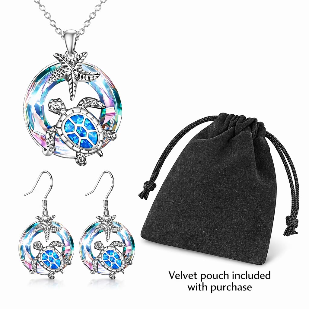 Sea Turtle Jewelry Set with Opal-Effect Blue Crystal, 3 Piece Starfish Pendant Necklace, Earrings Set, Stainless Steel Set