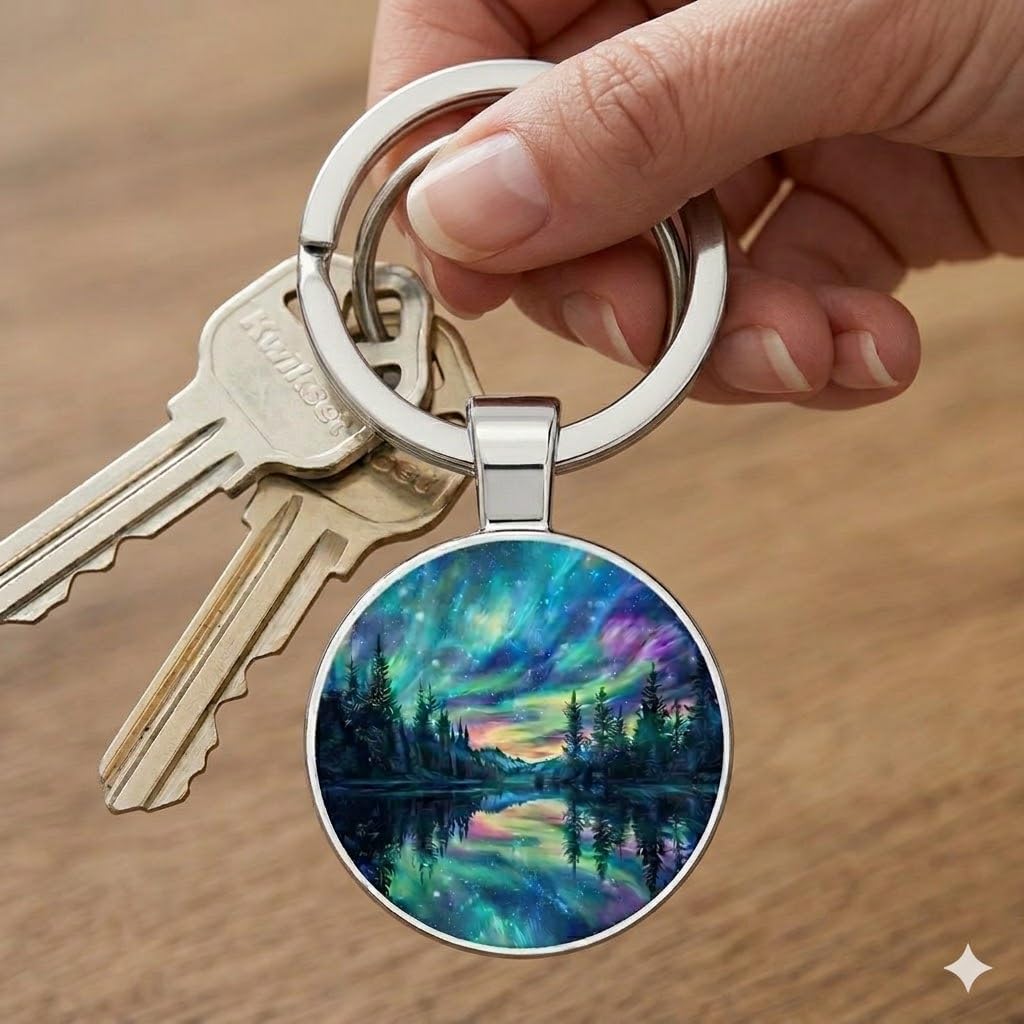SUPAC Mountain Sunset Stained Glass Art Keychain, Nature Scene Design, Round Pendant (Aurora Borealis)