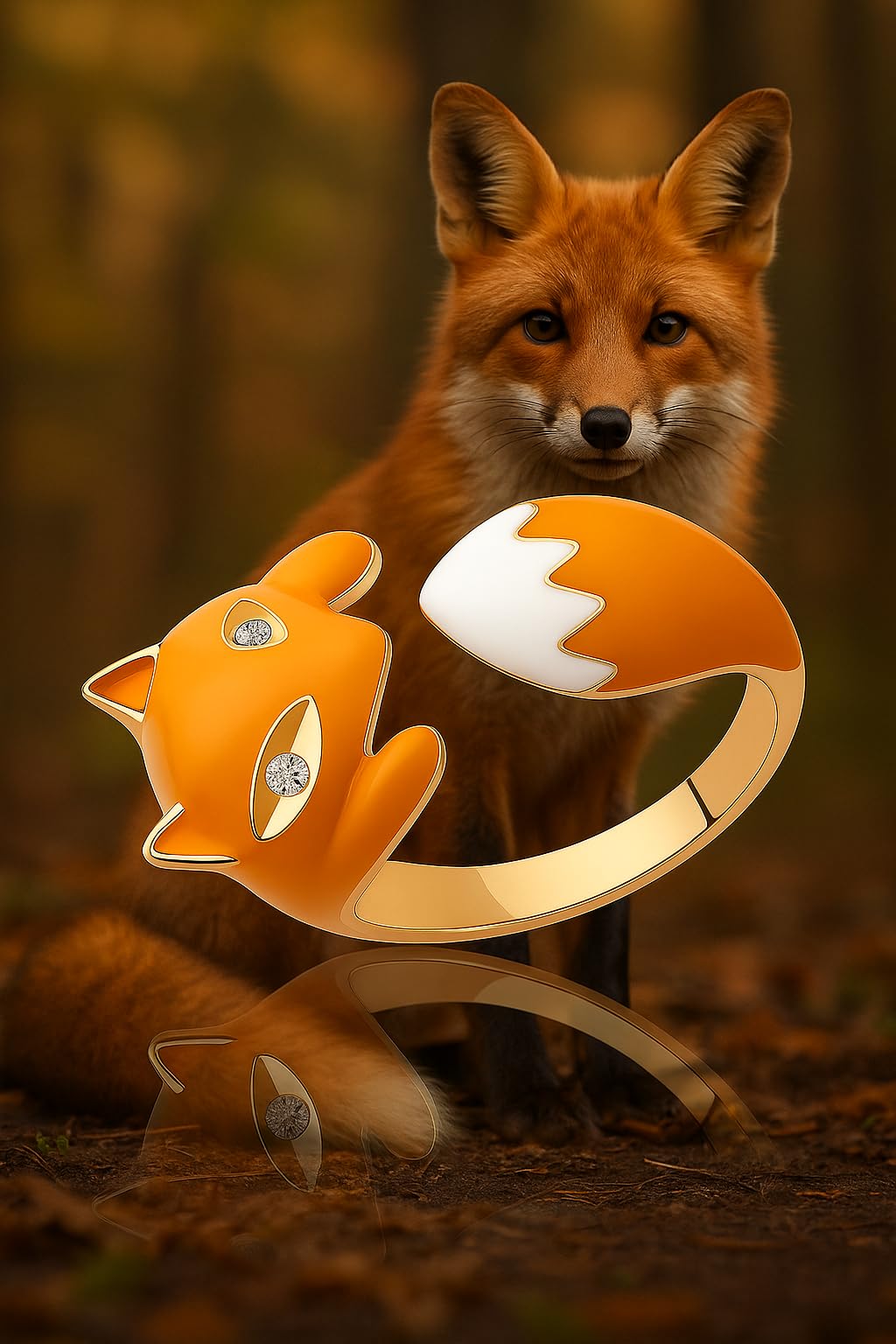 SUPAC Cute Fox Ring with Crystal Accents, Gold-Colored Enamel, Orange and White, Adjustable, 0.79 inch