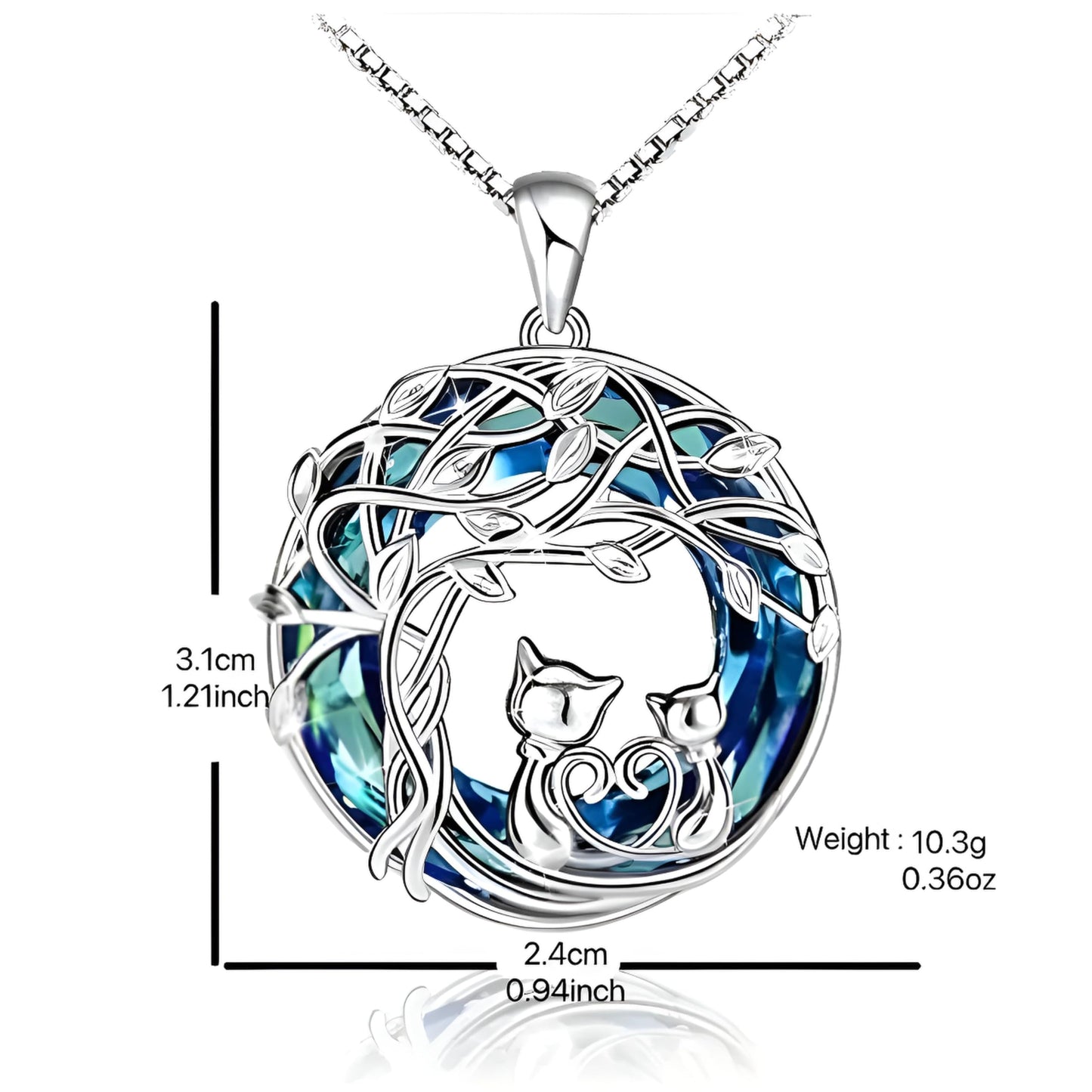 SUPAC Celtic Tree of Life Cat Pendant Necklace, Blue Crystal, 1.21 x 0.94 inches - Cat Lovers' Gift, Jewelry for Women