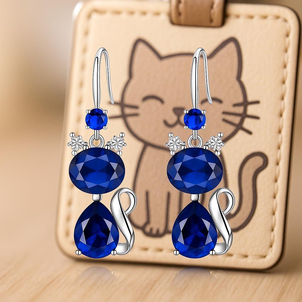 Crystal Cat Drop Earrings with Cubic Zirconia, Stainless Steel, Pink Blue Green Purple White Colors Available, 1.2cm Length