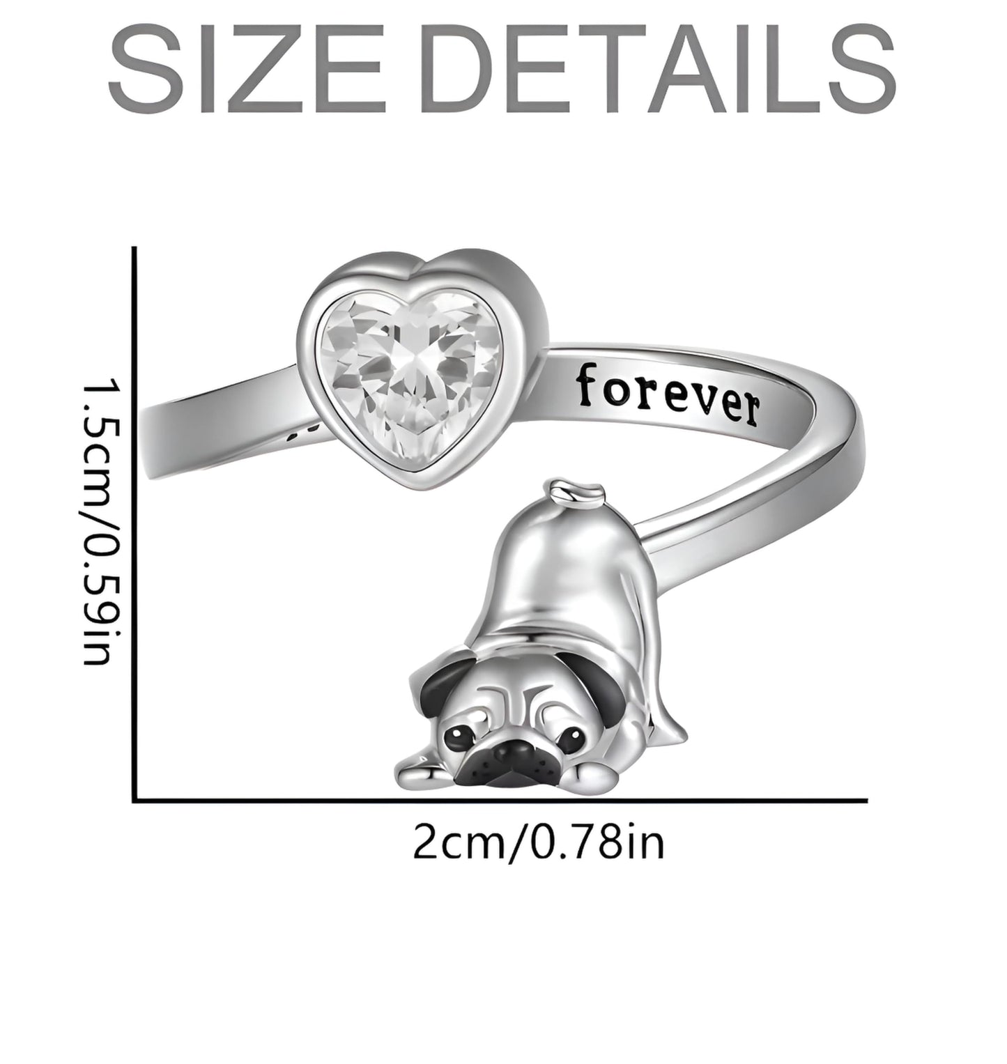 SUPAC German Shepherd, Yorkie, Pug Dog Paw Adjustable Ring, Sterling Silver, Paw Print Design with Crystal Accents - Christmas, Birthday, or Party Ring