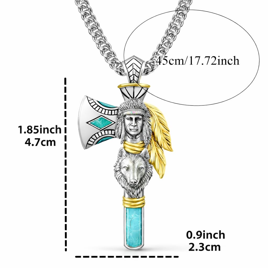 Indian Axe Pendant Necklace, Native American Wolf Design, Stainless Steel Chain