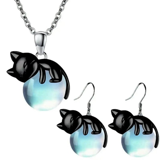 SUPAC Black Cat Jewelry Set – Glowing Blue Orb Necklace and Matching Earrings – Gift for Cat Lovers