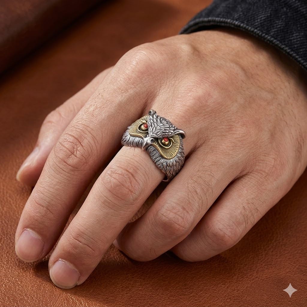 SUPAC Vintage Owl Ring with Turquoise Eyes, Two-Tone Silver and Gold Finish, Detailed Feather Design, Adjustable Size