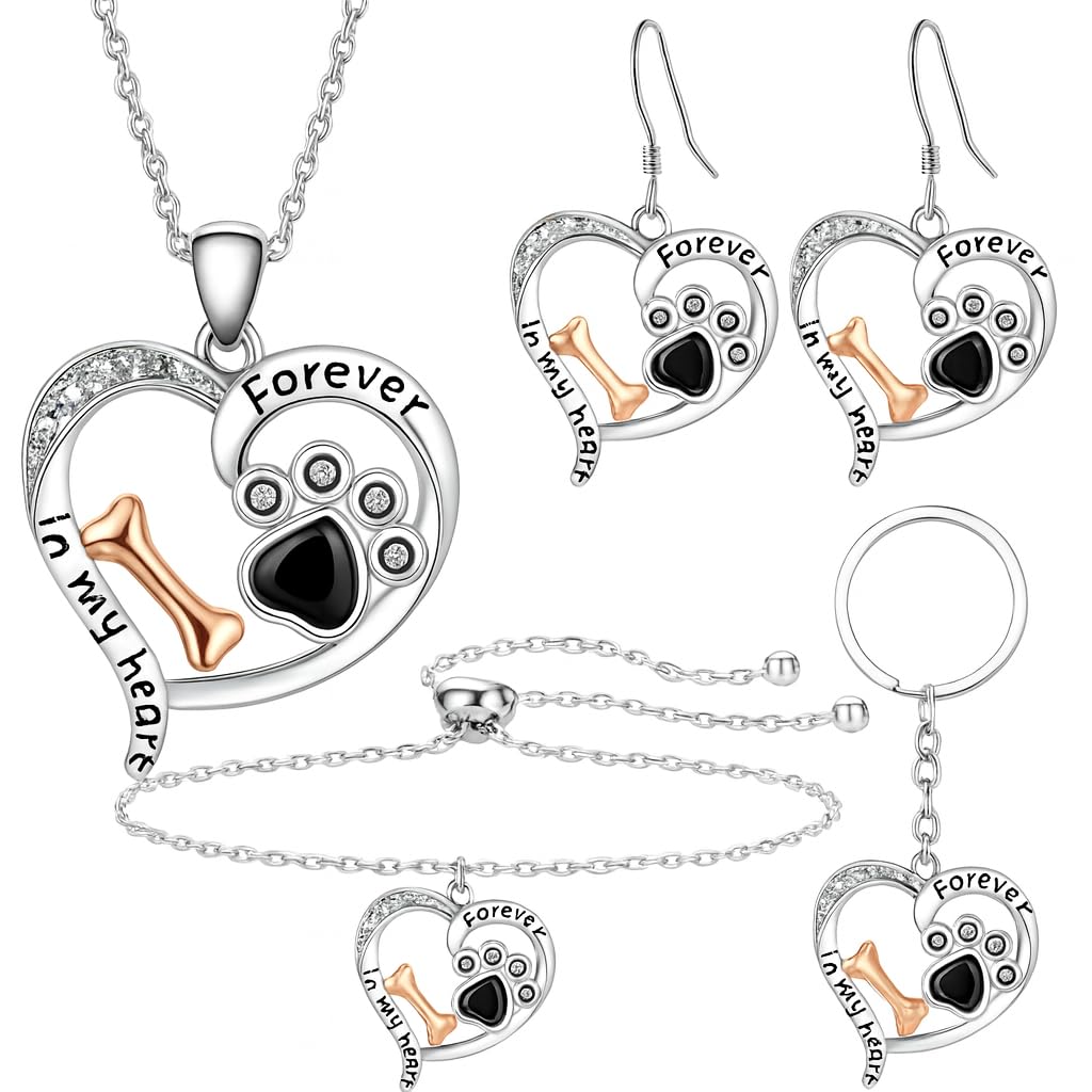 SUPAC Pet Memorial Jewelry Set, Forever in My Heart Paw Print and Bone Design, 4-Piece Silver Necklace, Bracelet, Earrings and Keychain