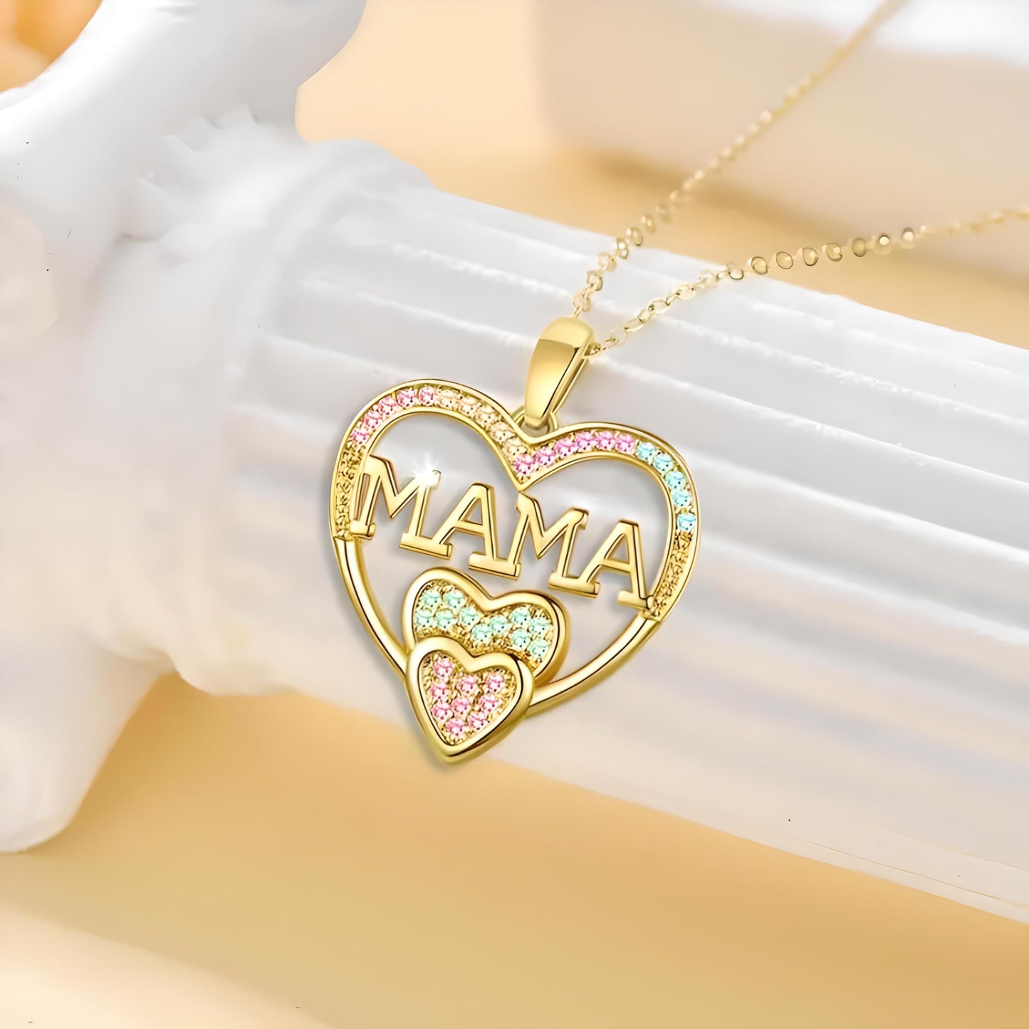 Gold Heart Shaped "MAMA" Necklace, Sparkling Stainless Steel Necklace- with Blue and Pink Simulated Diamonds, Christmas or Birthday Gift