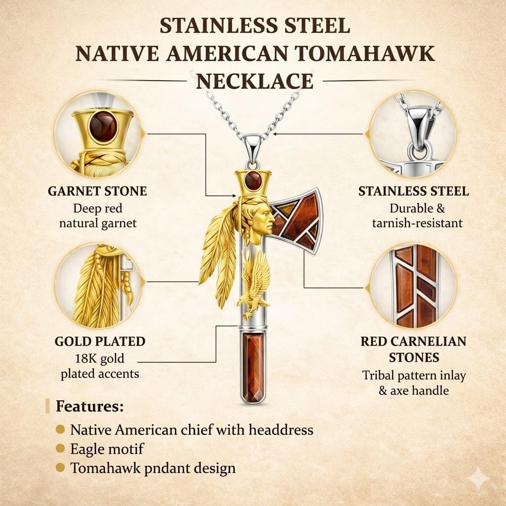 Indian Axe Pendant Necklace, Native American Wolf Design, Stainless Steel Chain