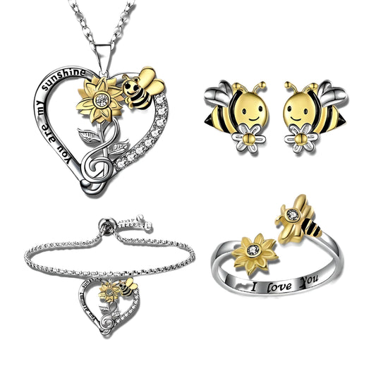 Bee and Sunflower Jewelry Set with Heart Necklace, Bracelet, Ring and Earrings, Two-Tone Silver and Gold