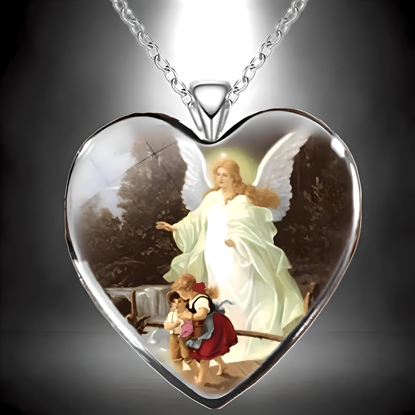 Angel's Embrace Glass Heart Pendant - Stainless Steel Chain, Capturing the Essence of Divine Protection and Unconditional Love, Christmas, Holiday, or Birthday Gift