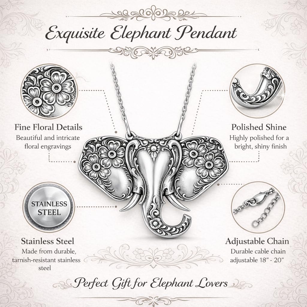 SUPAC Elephant Necklace, Silver Design - Elephant Lovers' Gift