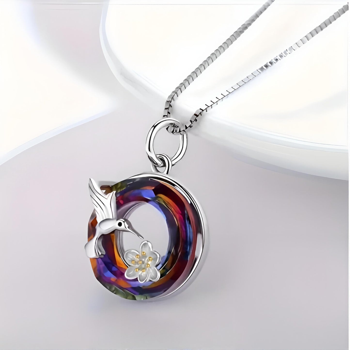 Stainless Steel Animal Pendant Necklace Set, Elephant with Sunflower, Hummingbird, Cat Design, Multi-Color Crystal (Hummingbird)