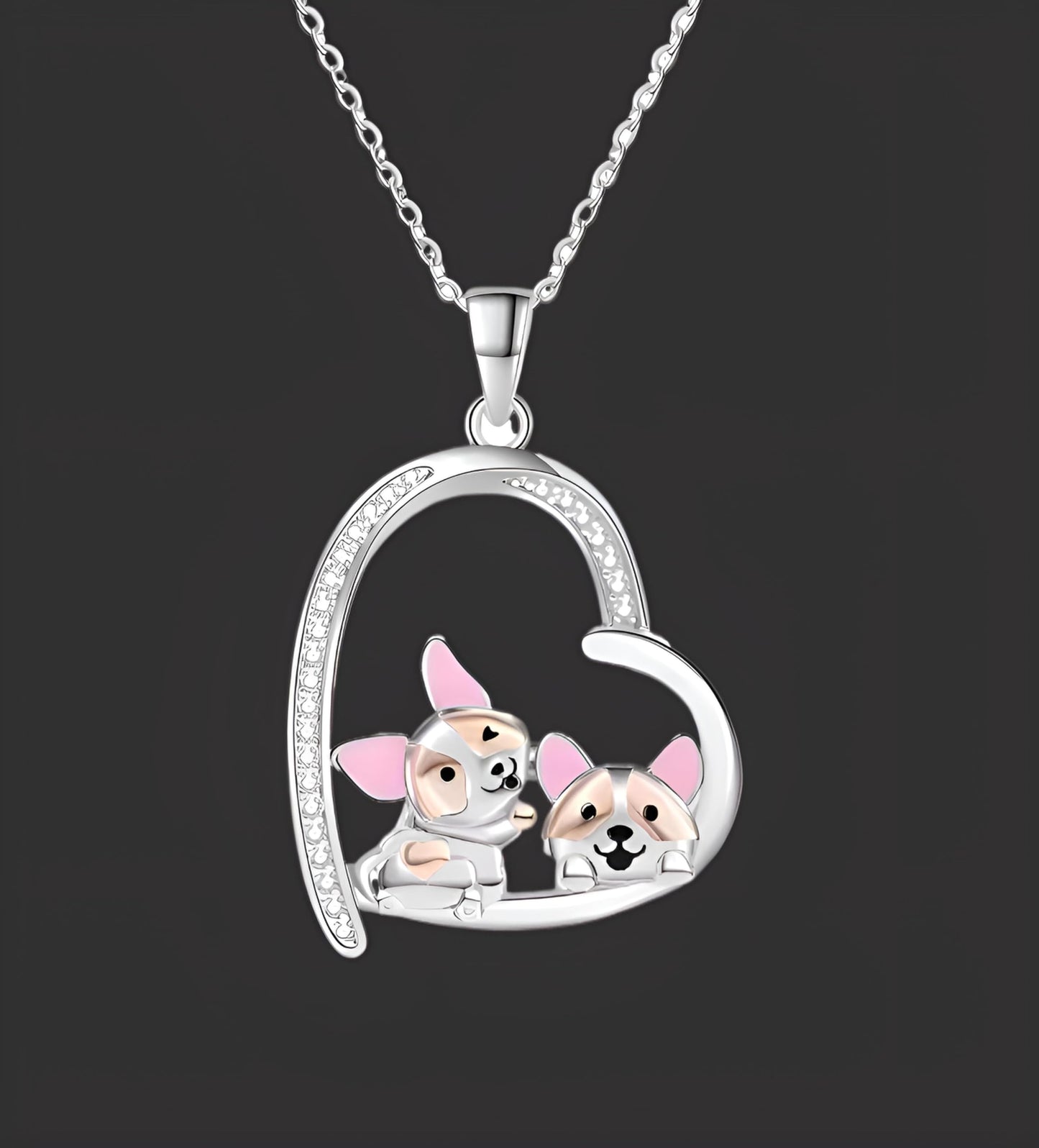 Schnauzer, French Bulldog, Boxer, Dog Heart Pendant Necklace, Stainless Steel, Crystal Accent, I Love You Forever, 19.7 inch Chain