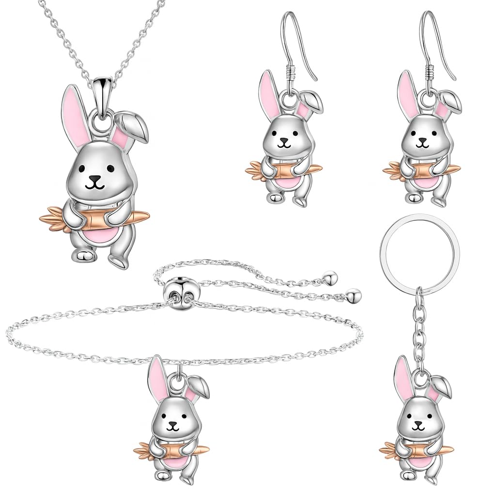 SUPAC Cute Bunny Jewelry Set with Necklace, Bracelet, Earrings and Keychain, Silver and Pink - Rabbit Jewelry Gift