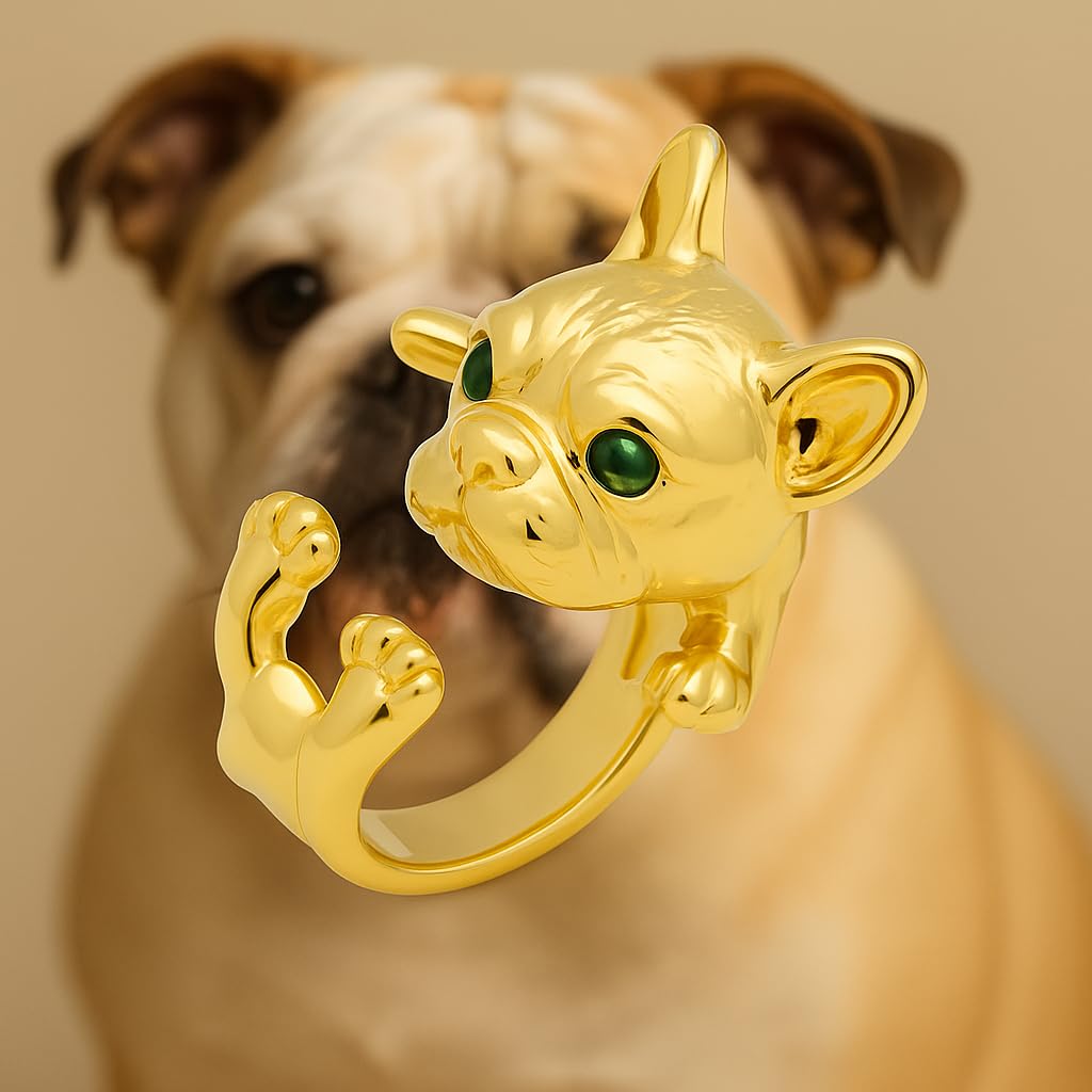 SUPAC Adjustable Silver Dog Ring, Westie Terrier and Bulldog Design, Fashion Jewelry (Golden French Bulldog)