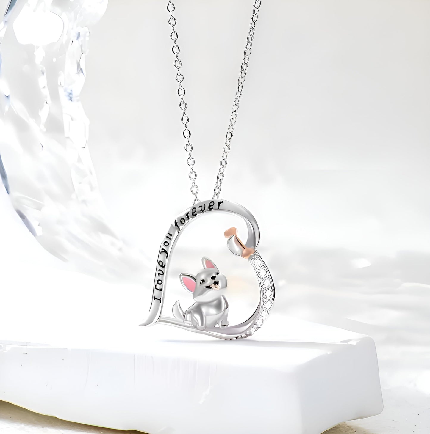 Schnauzer, French Bulldog, Boxer, Dog Heart Pendant Necklace, Stainless Steel, Crystal Accent, I Love You Forever, 19.7 inch Chain