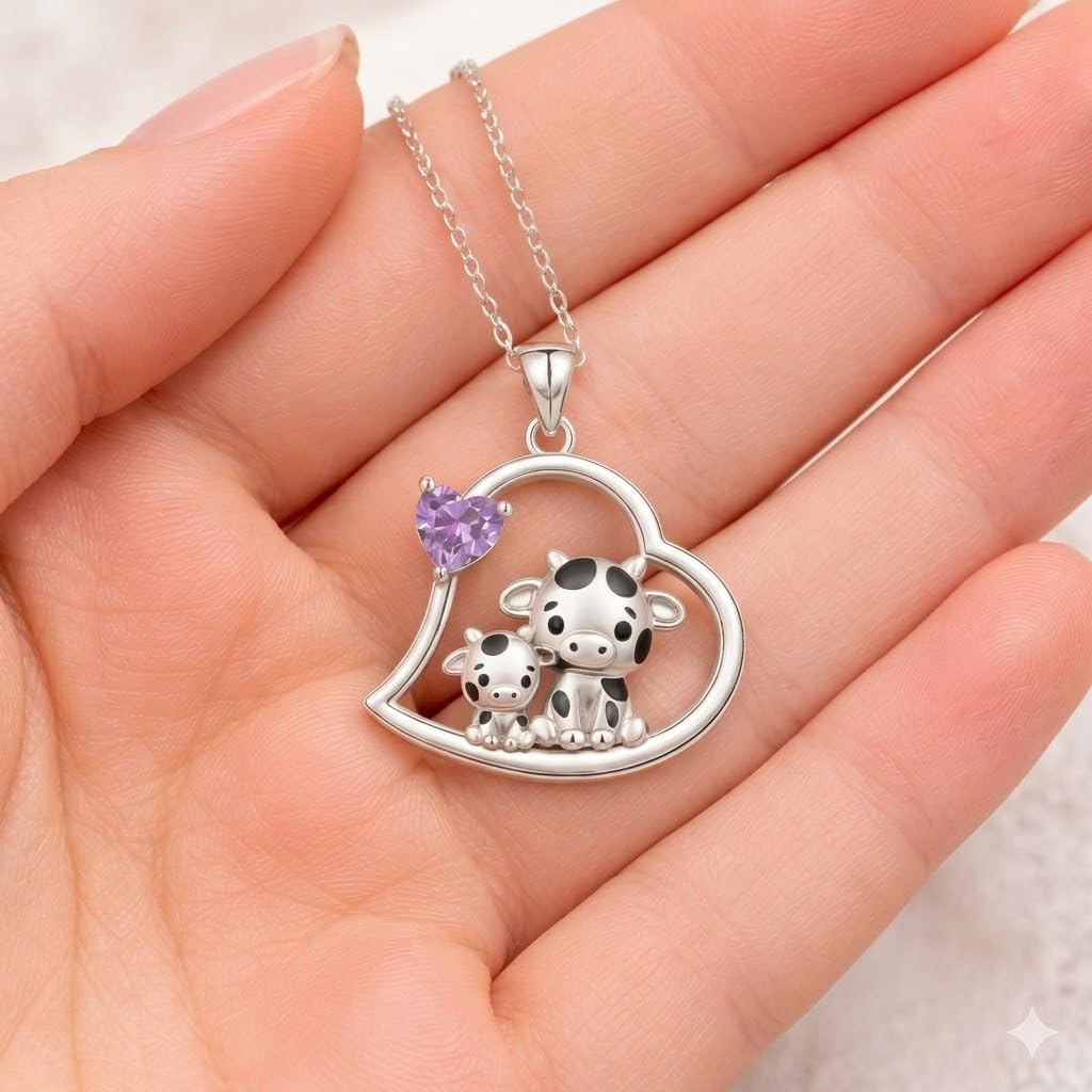 Blue Heart Shaped Mother and her Calf Cow Pendant Necklace for Women - Mother's Day Gift, Christmas, or Birthday Gift