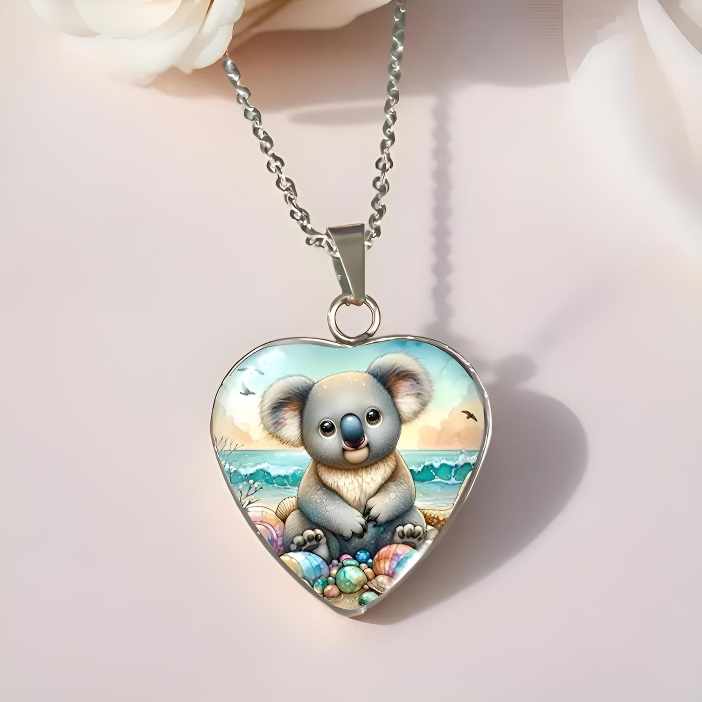 SUPAC Heart-Shaped Koala Beach Scene Pendant Necklace, Silver Chain, 0.79 inch Width