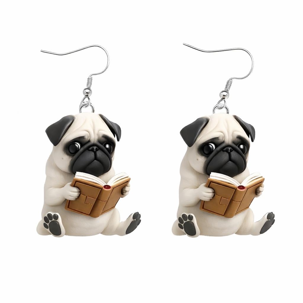 Cute Reading Pug Dangle Earrings, 2D Flat Acrylic, 1.2 inch - Dog Lovers' Gift