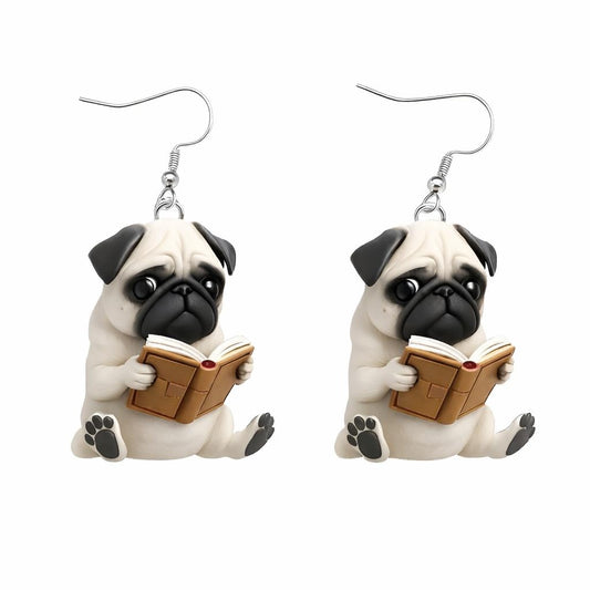 Cute Reading Pug Dangle Earrings, 2D Flat Acrylic, 1.2 inch - Dog Lovers' Gift