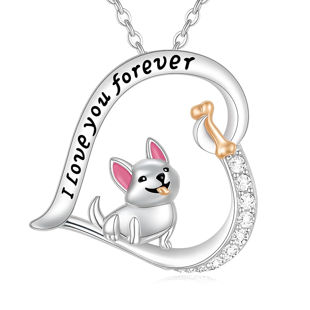 Schnauzer, French Bulldog, Boxer, Dog Heart Pendant Necklace, Stainless Steel, Crystal Accent, I Love You Forever, 19.7 inch Chain