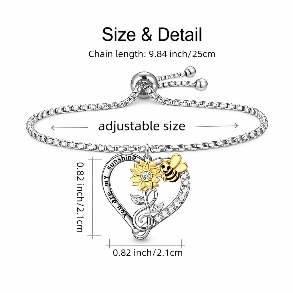 SUPAC Bee and Sunflower Jewelry Set with Heart Necklace, Bracelet, Ring and Earrings, Two-Tone Silver and Gold