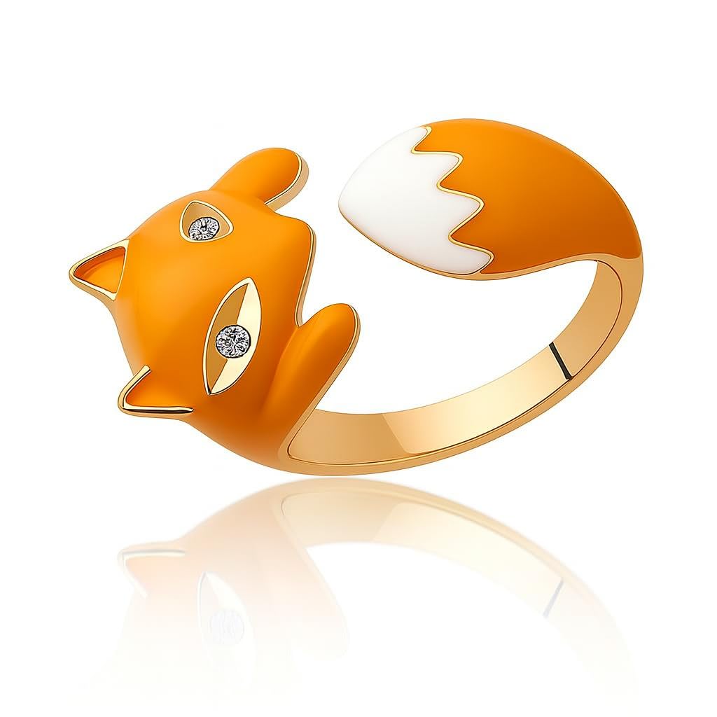 SUPAC Cute Fox Ring with Crystal Accents, Gold-Colored Enamel, Orange and White, Adjustable, 0.79 inch