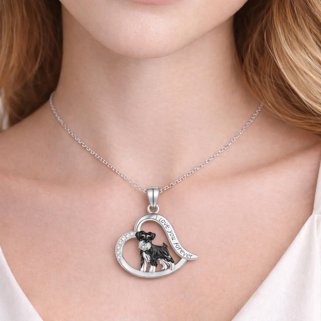 SUPAC Schnauzer Dog Heart Pendant Necklace, Stainless Steel, Crystal Accent, I Love You Forever, 19.7 inch Chain
