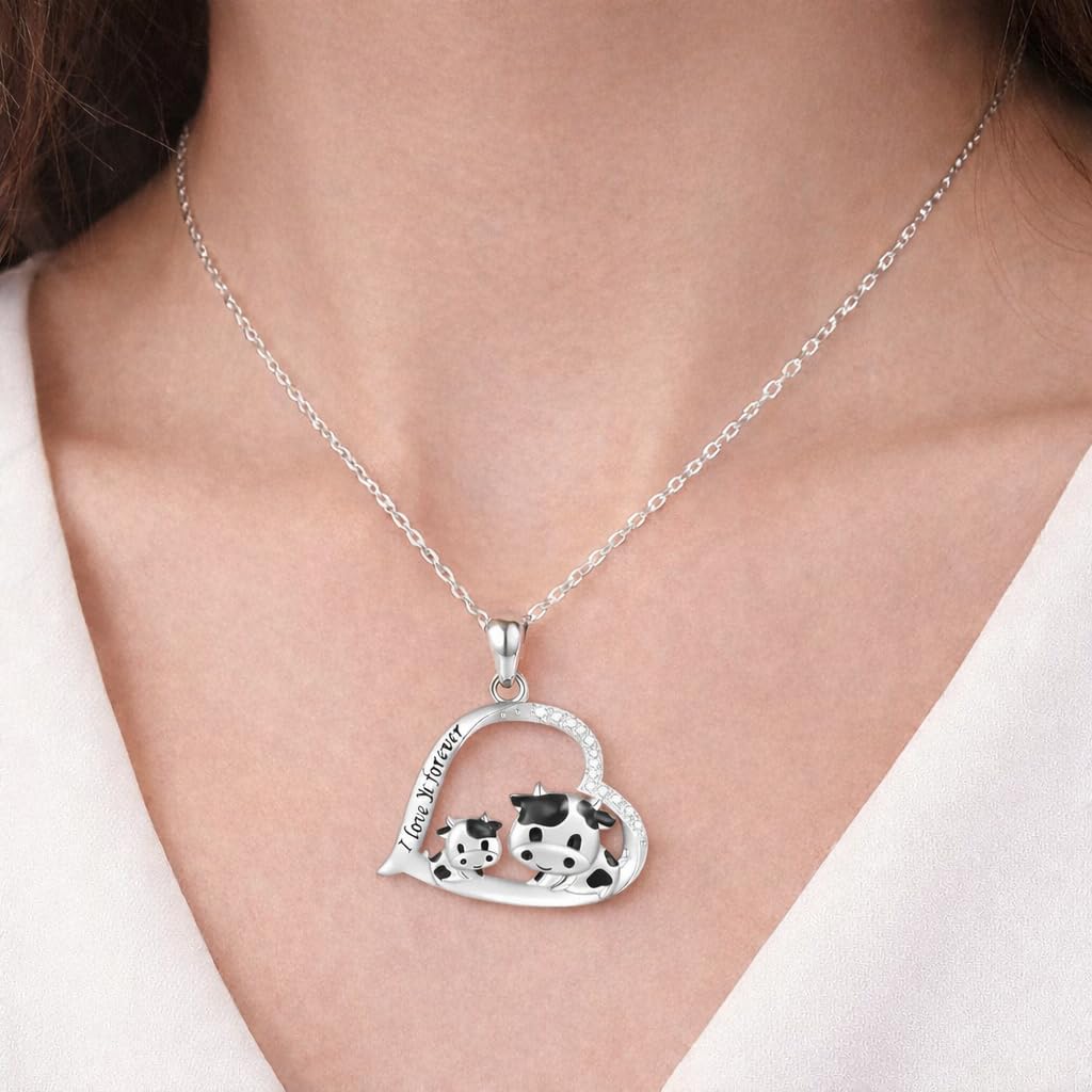 Blue Heart Shaped Mother and her Calf Cow Pendant Necklace for Women - Mother's Day Gift, Christmas, or Birthday Gift